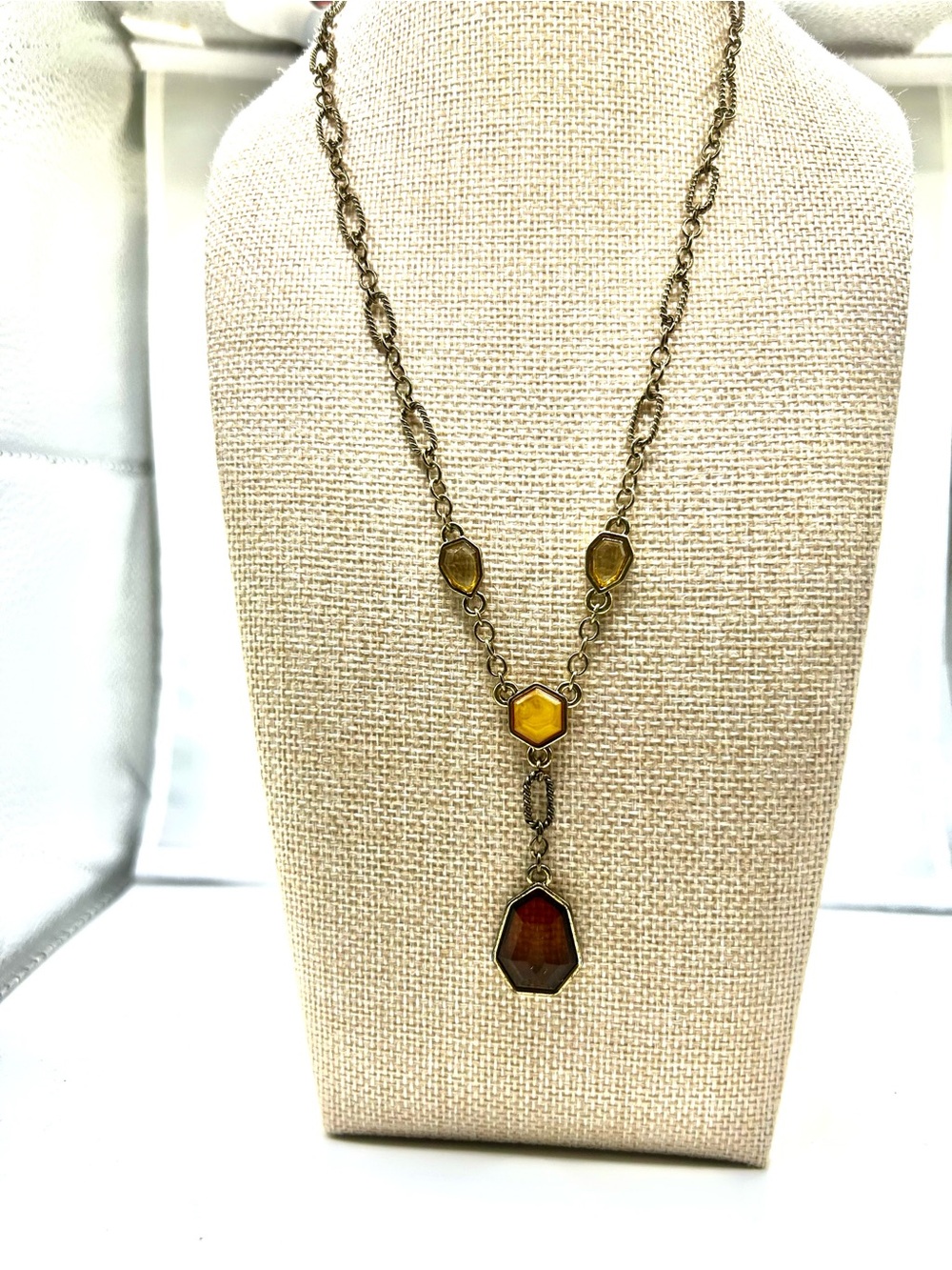 Avon caramel colored Y necklace gold tone amber yellow color boho chic retro mod